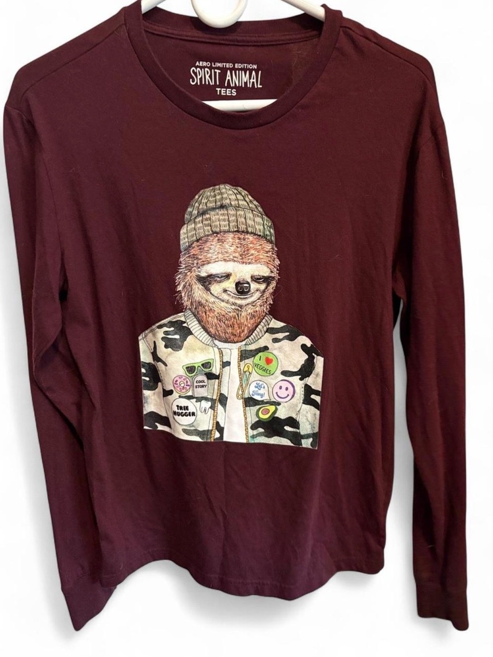 Aeropostale Maroon Long-Sleeve Sloth Graphic Tee